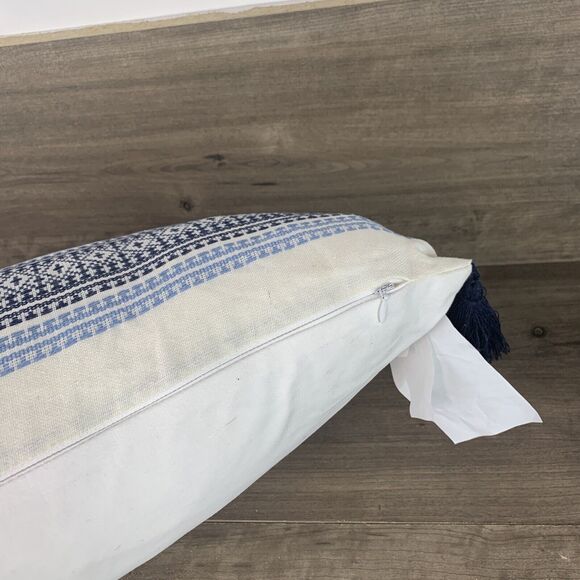 Lumbar Throw Pillow White Blue Boho Waterfowl Feather Striped Tasseled 16" x 24" - Picture 11 of 12